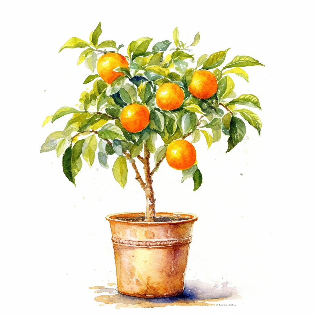 small orange tree in a pot, watercolour style clipart with a white ...