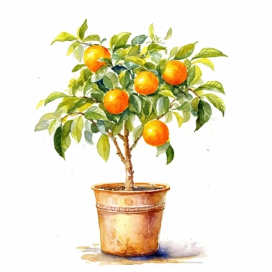 small orange tree in a pot, watercolour style clipart with a white background