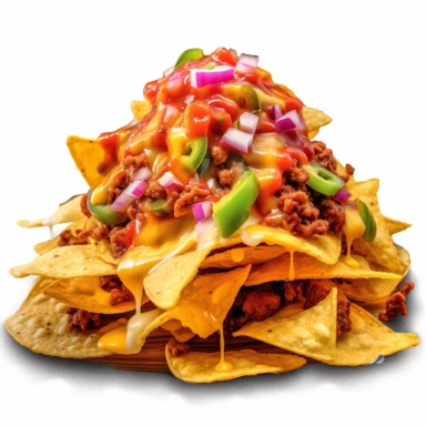 Layer nacho chips with beef sloppy joe, shredded cheese, chopped onions, and jalapeños, bold colors, retro neon style, photorealistic, high-resolution photography, transparent background PNG clipart – ar 16:9