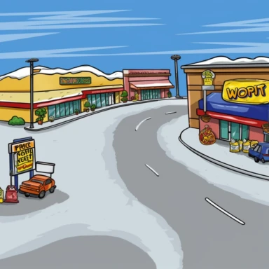 an adobe flash drawing of a walmart and a highway in the style of club penguin, 2006, newgrounds, america, microsoft clip-art, simple,