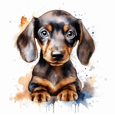 Lovable Dachshund puppy, watercolor, clipart, HD, on white background, spaced out
