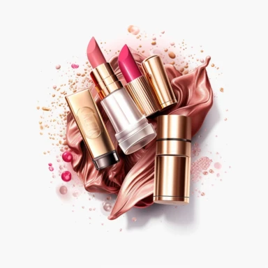 pink gold lipstick, nail polish, eye shadow, blush makeup, makeup bag, clipart style, to separated the products, makeup cosmetics, procreate illustration, on white background, hyper detailed, high resolution, illustration, 3D