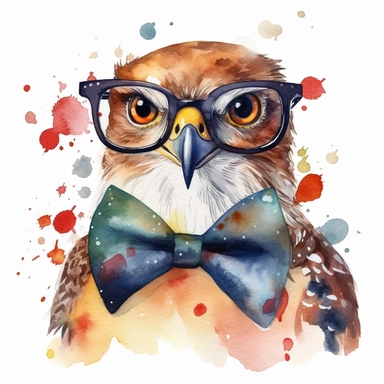 please create watercolor clipart of a hawk smiling, wearing party GLASSES AND BOW TIE and bubbles, colorful, WHITE BACKGROUND