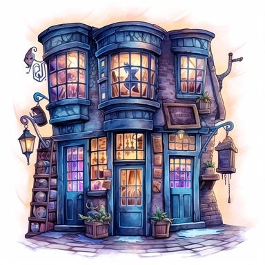 a spooky magic shop decorated for Halloween , diagon alley from Harry Potter inspired, magical, Gouache, white background with margins, Clipart style