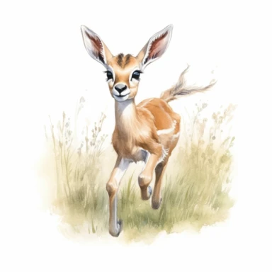 cute gazelle fawn, frolicking and prancing in the open meadow, a picture of pure joy, soft pastel colors, clipart, on a white background