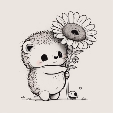 Happy cute cartoon hedgehog hugs a flower, white background, anime style, incredibly detailed , thick outline , Create a sketch of a black and white  Cute and adorable cartoon it , fantasy, dreamlike, surrealism, super cute, trending on artstation design,