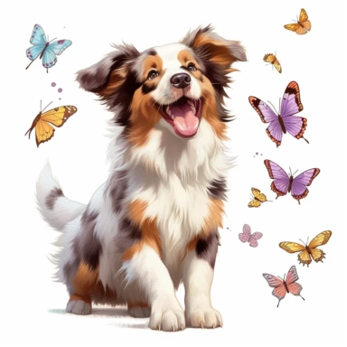 clip art of pastel y2k style Australian shepherd litter on white background frolicking, jumping, and playing. one puppy wih butterfly on nose looking confused, the other oupoies are cheerful.