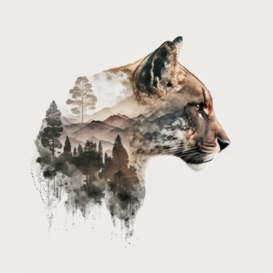 double exposure shot, profile of a Cougar head filled with mountains forest landscape,white gray tawny black fur, character design, half realisitic with intricate details half geometric, clipart isolated on white background