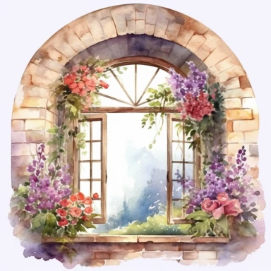 a watercolor realistic arch window opened and you can see colorful flowers outside clipart