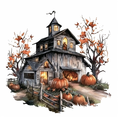 very detailed watercolor haunted halloween barn at night, country side, trees, ball of hey, svg graphics, in the style of realistic landscapes, j.c. leyendecker, monumental murals, colorized, white background, clipart, vintage cut-and-paste