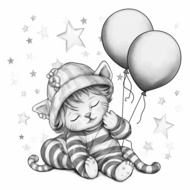 colouring book, black and white, simple art, a cute baby tiger cub sleeping and holding balloons in the sky, pyjama hat on, closed eyes, magical tale, for ages 2-6, adorable, bedtime, clipart, no fill, no background