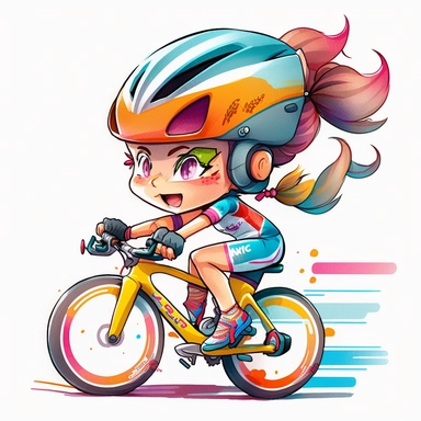 a watercolor painting of chibi Triathlete girl riding a triathlon bicycle, wearing bicycle helmet, wearing a triathlon gear, with athletic outfits, full body, smiling, both hands over the aerobars, Sport graphics, action clipart, 8k, watercolor, pastel colors, isolated on white background, 3d