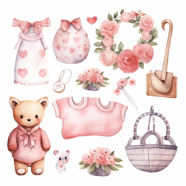 Newborn Baby Girl clipart set.Accessories for a newborn. baby girl.Watercolor hand painted illustrations isolated on white background
