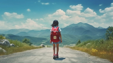 50mm film still shot on Nikon D800E, an asian little rural girl in red clothes with a schoolbag on her back goes to school on a mountain road, countryside, muddy mountain road, blue sky, high detailed, photorealism, film still, movie clip, ultra-detailed, portrait composition, high quality, ultra realism,