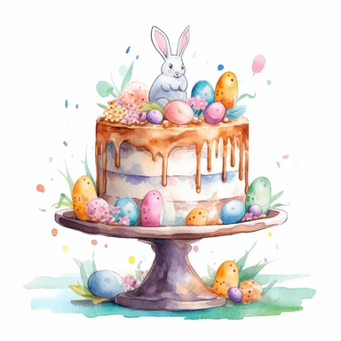 whimsical watercolour clip art against a white background easter themed cake on a cake stand