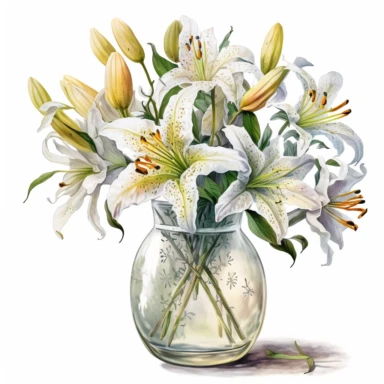 Watercolor realistic detailed white tiger lily bouquet in a stunning vase clipart, white background, no text