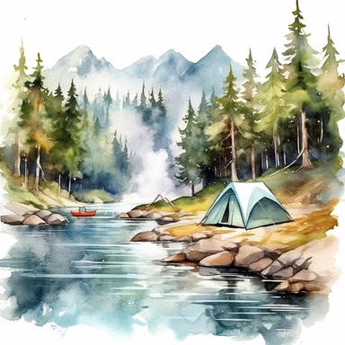 watercolor clipart of mountain, river, waterfall scenery with camping tents along the banks