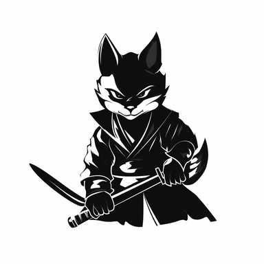 2D Black logo on a white background. Black fox samouraï with swords in hand Clipart. NO SHADING. KEEP THE LOGO SIMPLIFIED