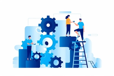 flat illustration of a small start-up team working hard to optimize their product, progress bar, striving for excellence, happy, committed, partnership, tech, in the style of minimalist illustrator, prussian blue and steel blue, white background, uhd image, flat brushwork, website, editorial illustrations, fluid form, speedpainting, fun stock illustrations, futuristic shapes, irregular curvilinear forms, charming character illustration, uniformly staged images, object-oriented, dynamic spatial r