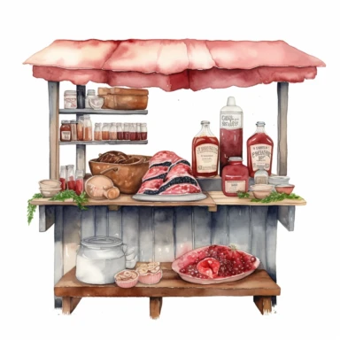 hand drawn ROADSIDE STAND WITH STRAWBERRY JAM AND COUNTRY HAM leg , very detailed and realistic , watercolor, white background with margins, clipart style