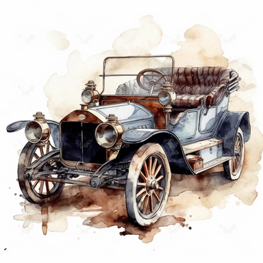 antique Mercedes Benz convertable car, watercolor Illustration, Sublimation graphics, Watercolor clipart, single design, print on demand image, by Beatrix Potter, PNG transparent background, white background, 8k
