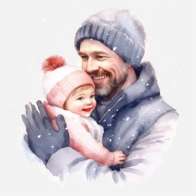 watercolour clipart, father day, father hug with his cute baby, in snow, smile, beautiful, happy, ,realistic, whit background, illustrated