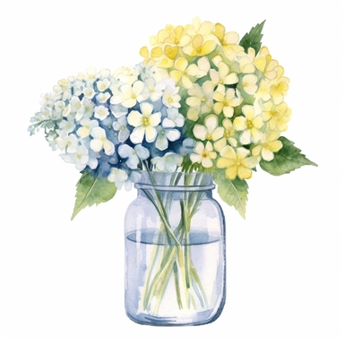 Design a dreamy watercolor clipart of Provence-inspired Hydrangeas, delphiniums, and chamomile flowers in a glass vase composition, hand-painted with soft and graceful brushstrokes. Draw inspiration from the artistic finesse of Ethereal Petals Watercolors for a refined and ethereal depiction. isolated on a white background, hand-drawn illustration, hand-painted watercolor texture, 16k UHD resolution, intricately detailed, sharp focal points, designed by Ana Victoria Calderon and Holly Exley, i c