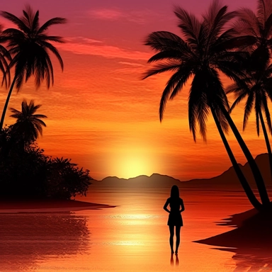 Create clipart of a stunning sunset beach scene in Thailand with a woman enjoying the view Descriptive Keywords: Sunset, beach, palm trees, woman, relaxation, Thai floral elements Style of Photograph: Ultra high definition, vibrant colors, vivid details