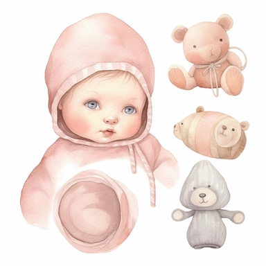 baby clipart aquarelle, thing related to newborn, neutral colors, minimalistic, adorable, shabby chic