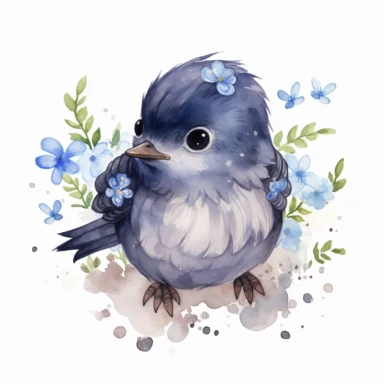 watercolor funny create kawaii marbled black ,silver, blue, chibi robin with forgetmenot flowers with babysbreath clipart, isolated on white background,space out--ar3:2--s1000