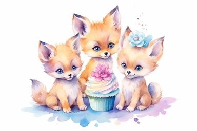beautiful watercolor pastel 3 birthday baby foxes eating cupcakes clipart, hd, pixar style, isolated on white background, spaced out