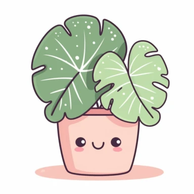cute clipart icon of green alocasia polly plant in a pot, large, cordate or sagittate leaves on long petioles smiling face inside the leaf, kawaii, anime style, in white background, soft color blending, rounded, in a pink pot