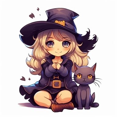 Little cute cartoon witch with a cat as clipart on a white background