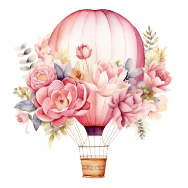 Stunning watercolor hot air balloon with flower clipart, white background