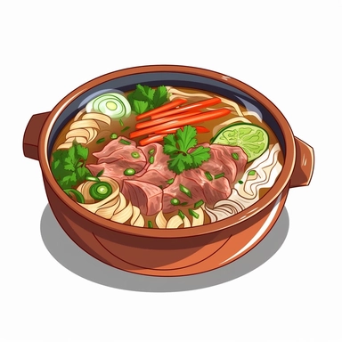 Bún bò Huế: Spicy beef noodle soup from the central region of Vietnam. , simple illustration, cartoon vector style, clipart, white background