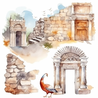 watercolor turkey ephesus ruins, illustrations clipart set, simple, , cartoon elements ,different variants ,marble elements, separate elements with a margin