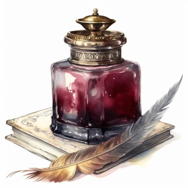 watercolor, hyper realistic, no background, have margins, 8k, ultra detailed clipart, no text, no logo, no trademark a victorian-style inkwell and a quill pen, burgundy