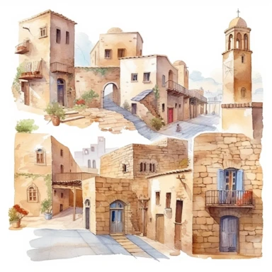 watercolor mardin town in turkiye, illustrations clipart set, simple, , cartoon elements ,different variants , historic stone houses,historic buildings, cobblestone lanes, tone facades of the buildings, Mardin's stone Alleyways separate elements with a margin