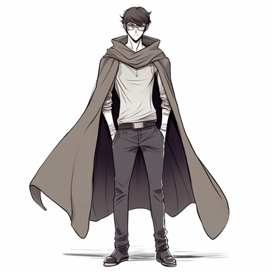 clipart sketch, young man with a lean, muscular build, faded haircut, piercing eyes, young appearance, black cloak, pants and boots, gege Akutami, facial expressions, joy