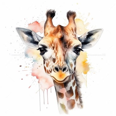 happy sweet Baby Giraffe - Giraffa camelopardalis clipart , original hand drawing, watercolor, understated and flawless coloring image, realistic image , white background, realistic painting, portrait without writing