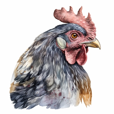 Highly detailed and realistic chicken head Watercolor Clipart, transparent background, watercolor and black ink, on white background, NO TEXT,NO WATERMARKS