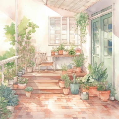 watercolor, hyper realistic, white background, white margins, 16k, ultra detailed clipart, cut out image, hand-drawn, whimsical manhwa style ultra HD A cozy terrace with a mix of small and large potted plants in shades of green, pink and white. A soft light shines on the area, creating a warm and inviting atmosphere