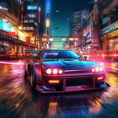 clip art of super tuned wide body kit car driving through flashy japanese skyline light beams reflecting off the car on a cold midnight scene