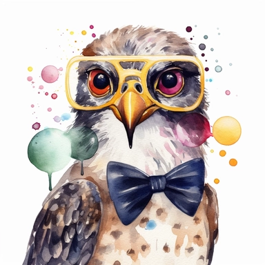 please create watercolor clipart of a hawk smiling, wearing party GLASSES AND BOW TIE and bubbles, colorful, WHITE BACKGROUND
