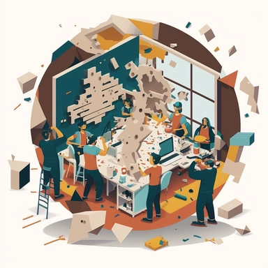generate a clipart that shows collaboration chaos in a room of professionals working on a construction project