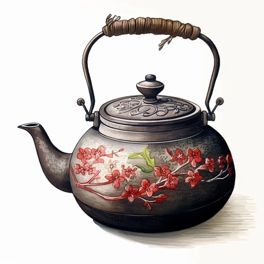 tradional japanese iron cast teapot, watercolor, clipart