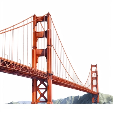 Golden gate bridge illustration, red and orange color, clipart, photorealistic illustration, watercolor, high detail, 8k polished, 8k, vibrant colors, sticker, majestic, die cut, white background