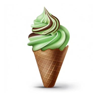 Create a clipart of a mint chocolate ice cream cone with a perfect swirl on top, garnished with bits of chocolate. The cone should be slightly tilted and the entire image should be on a white background. Add shadows to give a 3-dimensional effect. The colors should be pastel to invoke a calming and refreshing feeling. Make the chocolate bits easily distinguishable and placed evenly. Overall, the clipart should look delicious and mouth-watering, inviting viewers to indulge in a sweet treat.