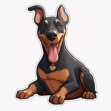 cute Doberman Pinscher, happy and smiling, bold line, clipart, sticker, white background, no shadow, 8k detail