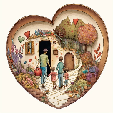 (perfect body figure) of a cute loving American family of 4, hiking into a magical LOLLIPOP STORE (a perfect close-up single-point-perspective view from the back) with its own habitats (flowers and plants) made into a natural-heart-shape, vintage in watercolor style clipart, use darker tones, higher saturation colors, Banksy artstyle with minimal effects, super creative watercolor, white background